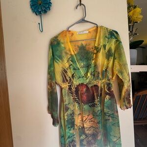 Sheer y2k V-Neck Dress with Heart Motif - Yellow Green